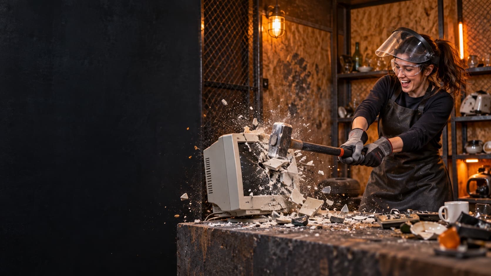 Woman in protective equipment smashing a computer in a rage room